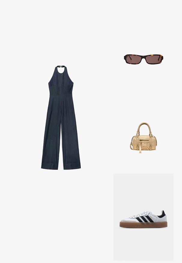 Mørk denim jumpsuit med halterneck-design, brede ben og tætsiddende overdel. Glat tekstur uden synlige mønstre eller dekorationer.; Hvide lædersneakers med sorte striber, gummirubber sål, rund tå, snørelukning og blød grå ruskinds tåhætte.; Rektangulære skildpaddemønstrede solbriller med mørkebrune linser og slanke arme, vist mod en hvid baggrund.; Stradivarius Håndtasker - beige