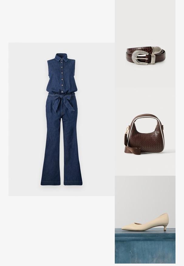 Denim jumpsuit med ærmeløs design, krave, frontknaplukning og bælte i taljen. Har flagrende ben og mørkeblå farve.; Beige laklæderpumpe med spids tå, lav kittenhæl og åbne sider, med en struktureret overflade og glat indre.; Brun vævet læderhåndtaske med hvid piping, guldfarvet lynlås og aftagelig brun stofskulderrem.; Mørkebrun krokodillelæderbælte med dekorativ spænde og spids i sølvtonet tekstur, snoet på en hvid baggrund.