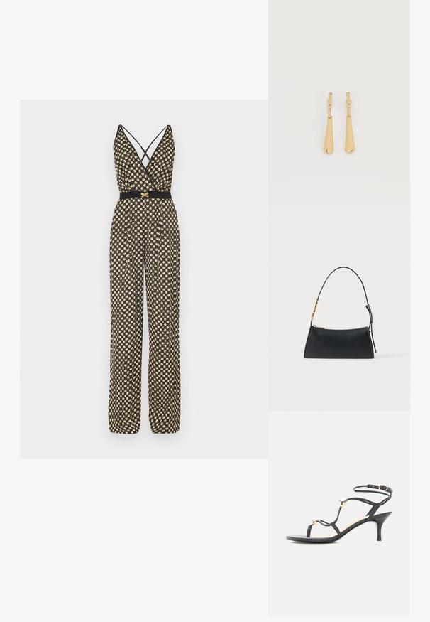 Sort og guld-mønstret jumpsuit med v-udskæring, krydset stropper, brede ben og et tætsiddende sort taljebånd.; Sort midhæl sandal med stropper, guld accenter perler og ankelrem med spænde på hvid baggrund.; Sort læderhåndtaske med en guldlås og justerbar rem med gyldne rektangulære detaljer på en hvid baggrund.; Øreringe i guldfarvet metal med glatte, aflangt dråbeformede vedhæng, der hænger fra små creol-låse på en hvid baggrund.