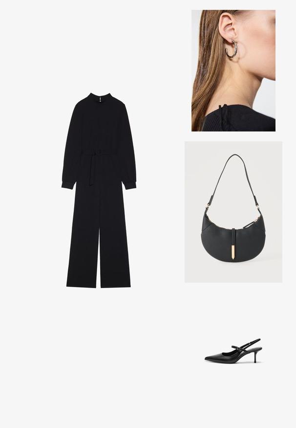 Zwarte jumpsuit met lange mouwen, hoge kraag, een gebonden taille met een ronde gesp en brede broekspijpen. Gladde stof met een minimalistisch ontwerp.; Zwarte leren slingback hakken met een puntige neus, slanke verstelbare band en een ongeveer 5 cm hoge stiletto hak, met een gladde textuur.; Zwarte handtas in halve maanvorm met een enkele band, gouden rits en een gouden rechthoekige decoratieve tab aan de voorkant.; Zilveren oorbel met een gepolijste afwerking, met kleine gouden accentdetails en een ronde vorm, gedragen op de oorlel.