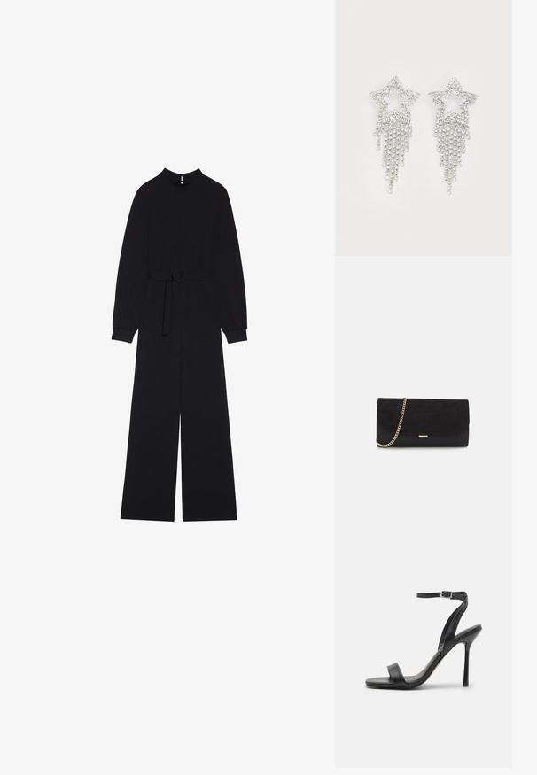 Combinaison noire à manches longues, col montant, taille ceinture avec boucle ronde, et pantalon large. Tissu lisse au design minimaliste.; Sandale à talons hauts noire avec une fine sangle au niveau de la cheville et deux bandes à l'avant. Fabriquée en cuir lisse avec un bout pointu élégant et un talon aiguille.; Porte-monnaie noir en daim avec une finition texturée, doté d'une chaîne dorée et d'un design épuré et angulaire.; Boucles d'oreilles en strass en forme d'étoile avec des détails de franges en cascade, présentant une teinte argentée et une surface brillante et réfléchissante. Forme d'étoile avec un design complexe.