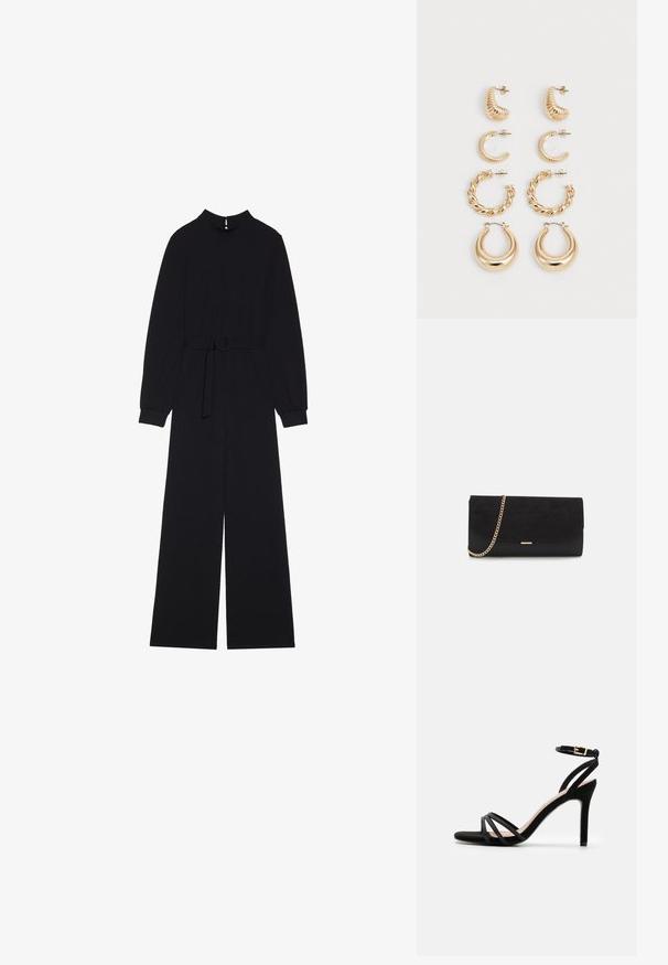 Sort jumpsuit med lange ærmer, høj krave, bæltestrop i taljen med rund spænde og brede bukser. Glat stof med minimalistisk design.; Anna Field Sandaler - black; Sort clutch taske lavet af ruskind med en struktureret overflade, udstyret med en guld kædestrop og et elegant, kantet design.; Sæt af fem guldøreringe med forskellige designs: snoede, ribbede og glatte overflader i hoop- og halvmåneformer.