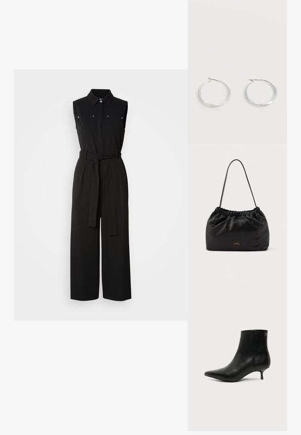 Combinaison noire sans manches avec col, deux poches avant, taille ceinturée, jambes larges et texture de tissu lisse.; Bottine en cuir noir avec bout pointu et petit talon kitten sur fond clair, vue côté extérieur.; Sac à main en cuir noir avec un haut froncé et une bandoulière simple. Présente un accent logo doré à l'avant. Texture douce et lisse.; Boucles d’oreilles créoles en métal argenté avec une surface lisse légèrement incurvée et des fermoirs à clapet sur un fond blanc uni.
