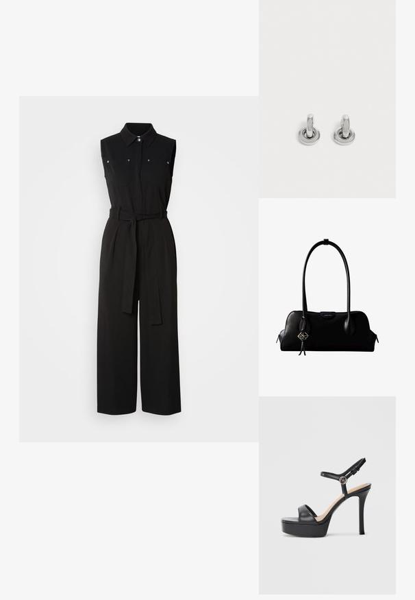 Combinaison noire sans manches avec col, deux poches avant, taille ceinturée, jambes larges et texture de tissu lisse.; Sandales à plateforme noires avec un talon haut stilettos, dotées d'une tige en cuir lisse, d'un bout ouvert et d'une bride de cheville ajustable avec ferrures.; Sac à main en cuir noir Calvin Klein avec de longues anses, une étiquette logo à l'avant et un charme géométrique argenté suspendu à une anse.; Paire de petites boucles d'oreilles créoles argentées brillantes avec une base ronde, présentées sur un fond clair uni.