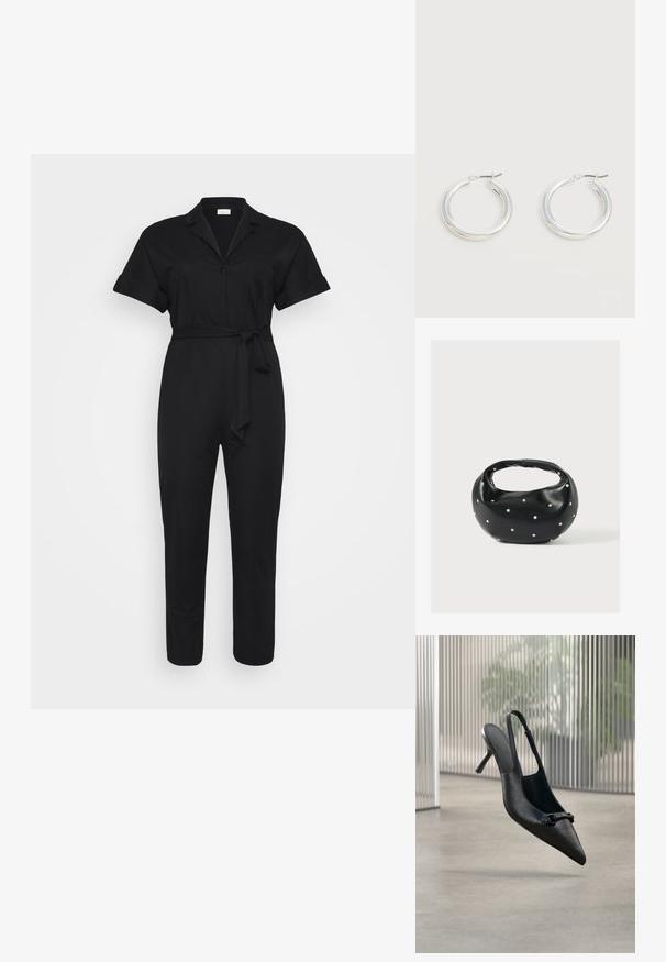 Schwarzer Jumpsuit mit kurzen Ärmeln, einem Kragen und einem Gürtel in der Taille. Vor einem weißen Hintergrund platziert. schlichtes und stilvolles Design.; Schwarzer, strukturierter Leder-Slingback-Hochschuh mit spitzer Spitze und einer kleinen dekorativen Schnalle, der über einem glatten Boden zu schweben scheint.; Schwarze Lederhandtasche mit abgerundeter Form, verziert mit silbernen Nietenakzenten und kurzem Griff. Glatte Struktur und Reißverschlussverschluss.; Paar mittelgroße glänzende silberne Hoop-Ohrringe mit dünnen Metallverschlüssen auf hellem neutralem Hintergrund.