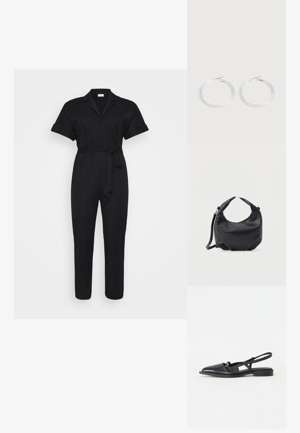 Schwarzer Jumpsuit mit kurzen Ärmeln, einem Kragen und einem Gürtel in der Taille. Vor einem weißen Hintergrund platziert. schlichtes und stilvolles Design.; Schwarzes Leder Slingback-Schuh mit spitzem Zeh, niedrigem Absatz, Ausschnittdesign und dekorativem kreisförmigen Schnallen-Detail.; Schwarze gewebte Lederhandtasche mit kurzem Griff und abnehmbarem Schulterriemen, präsentiert vor einem schlichten hellen Hintergrund.; Paar glänzende silberne Creolen mit dünnen Drahtverschlüssen, dargestellt vor einem hellgrauen Hintergrund.