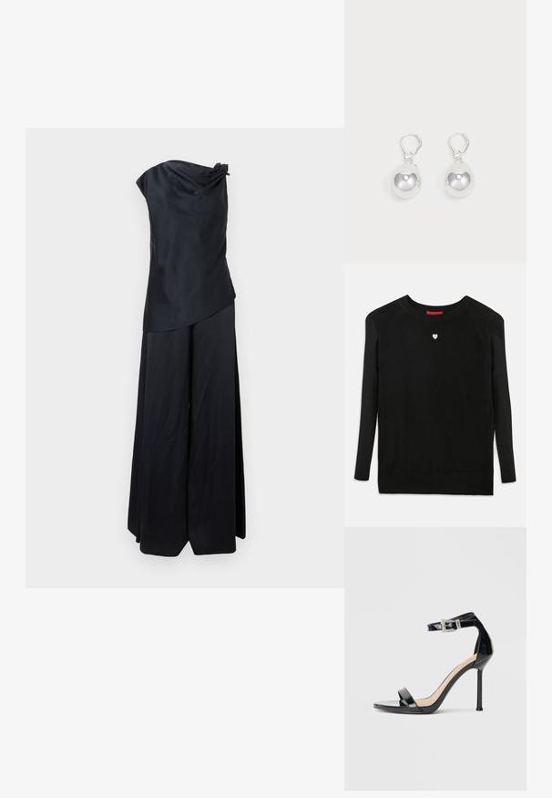 Combinaison noire en satin à une épaule avec pantalon à jambes larges et détail noué à l'épaule.; Pull en maille noir à manches longues, col rond, avec un petit cœur blanc sur la poitrine. Texture douce et poignets et ourlet côtelés.; Sandale à talon haut en cuir verni noir avec bride à la cheville. Présente un design minimaliste, un bout ouvert et une boucle ornée de strass.; Boucles d'oreilles en argent en forme de goutte avec des surfaces lisses, rondes et réfléchissantes, suspendues à des fermoirs à ressort. L'arrière-plan est blanc uni.