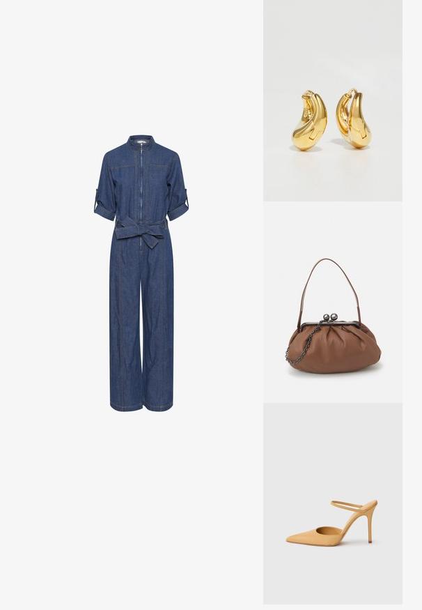 Denim jumpsuit med lynlås foran, krave, korte oprullede ærmer og bælte i taljen. Rig blå farve med synlige sømme og brede ben.; Beige spidse stilettohæle med en tynd ankelrem på en hvid baggrund.; Brun læderhåndtaske med en samlet design, en kort læderhank og en kædestrop. Har en sølvmetalspænde med to runde pynt.; Guldringeøreringe med en glat, buet form og poleret overflade. Udstyret med en lukkeanordning og lette fordybninger for detaljer.