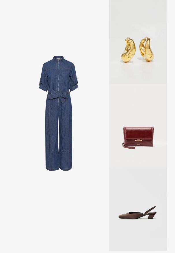 Denim jumpsuit med lynlås foran, krave, korte oprullede ærmer og bælte i taljen. Rig blå farve med synlige sømme og brede ben.; Brun slingback sko med blød stofoverdel, spids tå og geometrisk blokhæl, med et udskæring design for åndbarhed.; Lille burgunder læder clutch taske med klaplukning, gulddetalje og håndledsrem, der hviler på en ensfarvet baggrund.; Guldringeøreringe med en glat, buet form og poleret overflade. Udstyret med en lukkeanordning og lette fordybninger for detaljer.