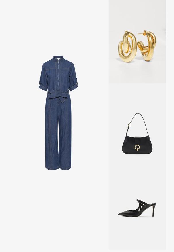 Denim jumpsuit med lynlås foran, krave, korte oprullede ærmer og bælte i taljen. Rig blå farve med synlige sømme og brede ben.; Sorte læder højhælede mules med spids tå, udskåret sideskærm og glat tekstur. Stiletthæl og subtil syning.; Sort læder håndtaske med en buet silhuet, kort rem, centralt guldfarvet hardware og glat tekstur. Ingen synlige mønstre eller accenter.; Charlotte Chesnais BO INITIAL BLOW - Øreringe - gold-coloured