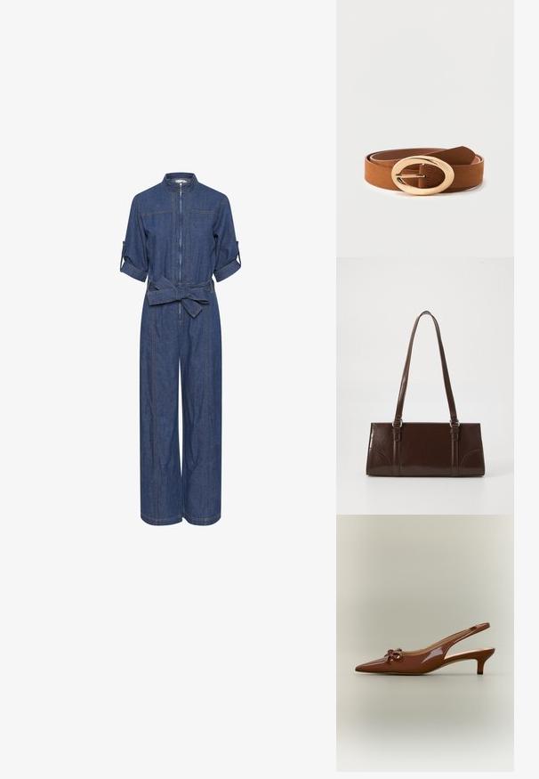 Combinaison en denim avec fermeture éclair à l'avant, col, manches courtes retroussées et ceinture à la taille. Couleur bleu riche avec couture visible et jambes larges.; Chaussure slingback à talon kitten en cuir verni marron, avec bout pointu et petit nœud sur le devant.; Sac à main en cuir verni marron de forme rectangulaire, avec deux longues poignées et des accents courbés subtils à l'avant.; Ceinture en cuir marron enroulée avec une grande boucle ovale en or brillant sur fond blanc.