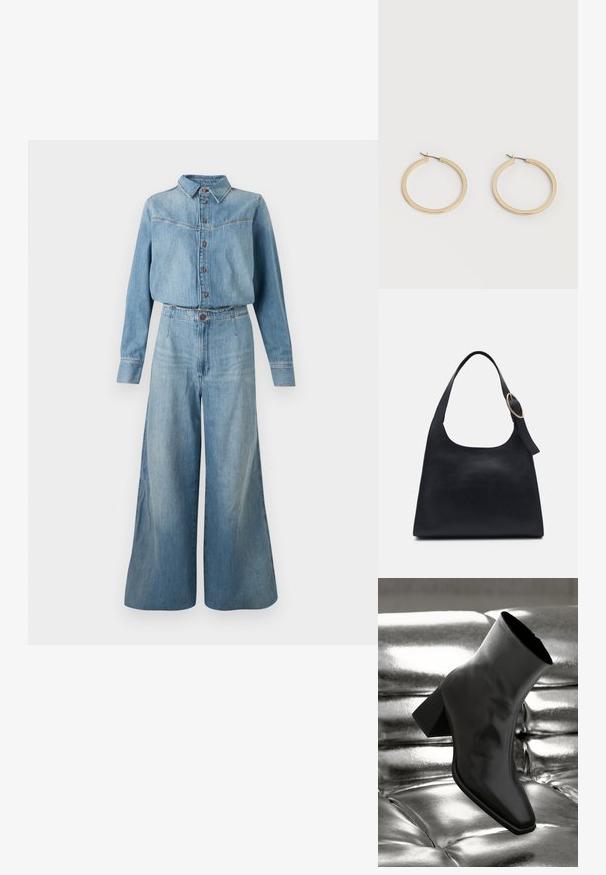 Denim overhemd en jumpsuit met wijde pijpen in lichtblauw. Heeft een kraag, knopen aan de voorkant, lange mouwen en een ceintuur in de taille voor een goede pasvorm.; Zwarte enkellaarsjes van glanzend materiaal met een vierkante neus en taps toelopende hak, afgezet tegen een glanzende zilveren gecapitonneerde achtergrond.; Zwarte leren tote bag met een gladde textuur, ronde vorm en een enkele schouderband met een ronde gouden hardware accent.; Een paar gladde goudkleurige middelgrote creooloorbellen met scharniersluitingen op een effen lichte achtergrond.