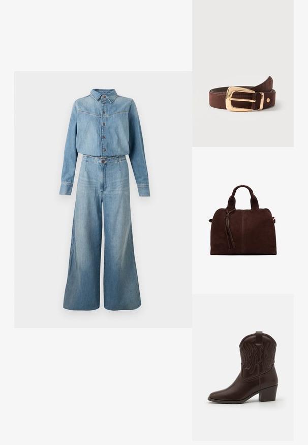 Denimskjorte og jumpsuit med vide ben i lys blå. Har krave, knaplukning, lange ærmer og en bælte i taljen for pasform.; Brune læder cowboystøvler med spidse tæer, præget vinge mønster, en midhøj blokhæl og en pull-tab bagpå.; Brun ruskinds håndtaske med to top-håndtag, en front knude detalje og kontrasterende syninger. Blød tekstur og struktureret form.; Brunt læderbælte rullet sammen med en skinnende gylden rektangulær spænde og lille rund metal logo nær spidsen.