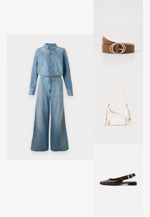 Denim overhemd en jumpsuit met wijde pijpen in lichtblauw. Heeft een kraag, knopen aan de voorkant, lange mouwen en een ceintuur in de taille voor een goede pasvorm.; Donkerbruine leren slingback platte schoen met een vierkante neus, krokodillenstructuur en zilveren gesp op de band.; Witte handtas met een korte schouderband, gestructureerde oppervlakte, meerdere ritszakken en accenten in goudkleurige hardware. Compact en modern ontwerp.; Bruine leren riem met een gouden dubbele cirkelgesp, met een soepele textuur en verstelbare lengte. Eenvoudig ontwerp met nette stiksels.