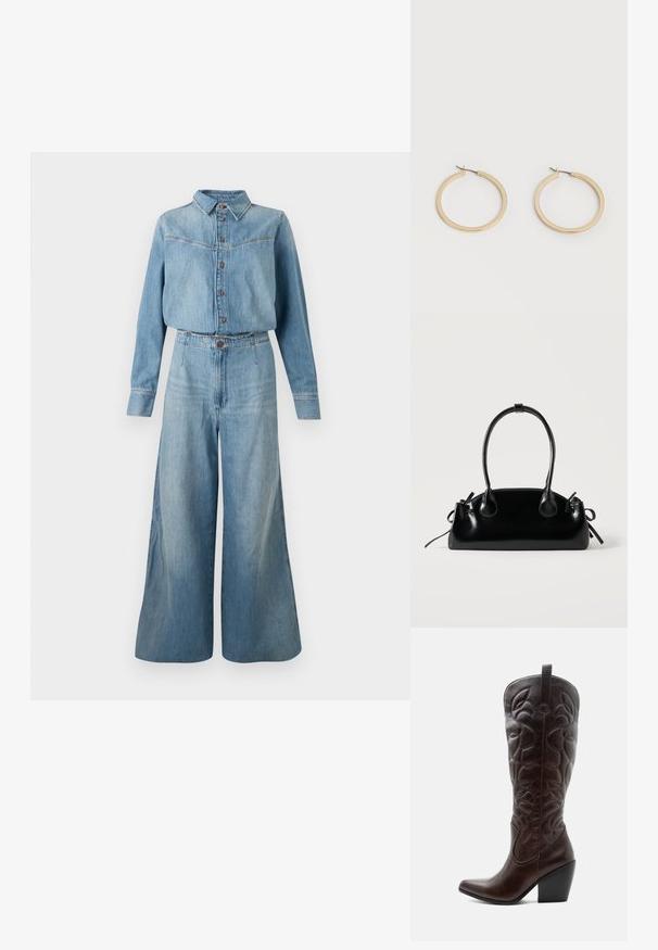 Denimskjorte og jumpsuit med vide ben i lys blå. Har krave, knaplukning, lange ærmer og en bælte i taljen for pasform.; Høj mørkebrun læder cowboystøvle med syede dekorative mønstre, spids tå og stablet blokhæle.; Lille sort blank håndtaske med to lange håndtag og snøre-detaljer i siden på en ensfarvet lys baggrund.; Par af glatte guldfarvede mellemstore øreringe med hængsellukning på en ensartet lys baggrund.