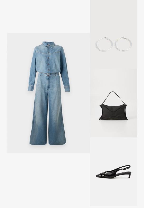 Denimskjorte og jumpsuit med vide ben i lys blå. Har krave, knaplukning, lange ærmer og en bælte i taljen for pasform.; Sort læder slingback sko med spids tå, tre sølvspænder på forsiden og lav lille hæl på hvid baggrund.; Sort håndtaske lavet af et blødt, struktureret materiale. Har et bølget design, en enkelt skulderrem og en subtil logo-detalje på fronten.; Par skinnende sølvøreringe med tynde trådlåse, vist på en lys grå baggrund.