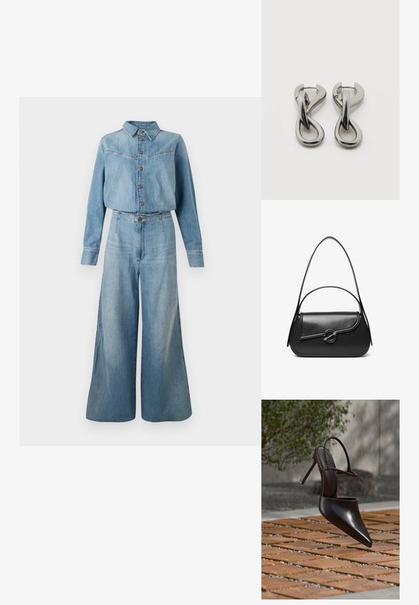 Denimskjorte og jumpsuit med vide ben i lys blå. Har krave, knaplukning, lange ærmer og en bælte i taljen for pasform.; Blank højhælet mule med spids tå og ankelrem, svævende over en terracottaflisebelagt overflade med grusfyldte mellemrum.; Sort skuldertaske i læder med en buet klap, der er fastgjort med en rund metal spænde, og en slank, justerbar rem.; Par af sølvtonede metale øreringe med abstrakt sammenflettet løbedesign på hvid baggrund.