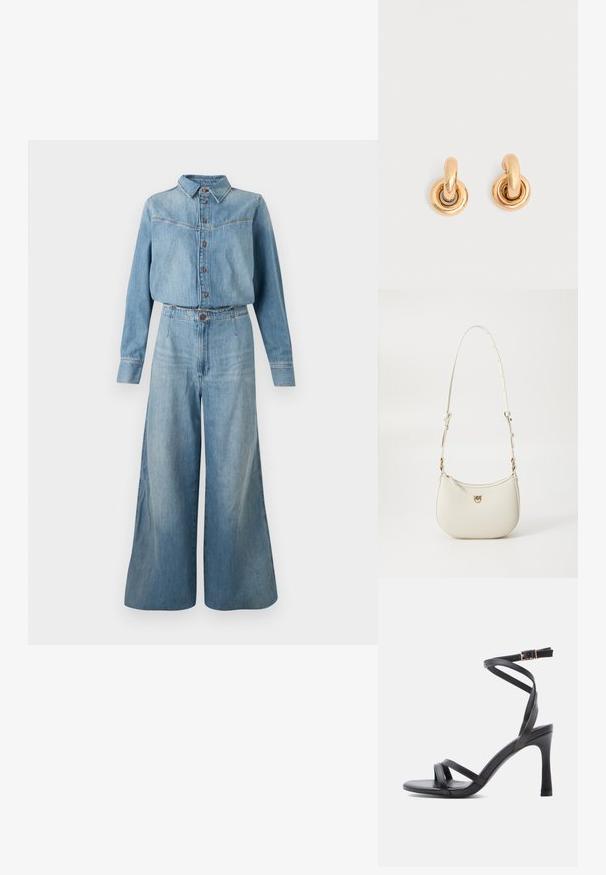 Denimskjorte og jumpsuit med vide ben i lys blå. Har krave, knaplukning, lange ærmer og en bælte i taljen for pasform.; Sorte højhælede sandaler med et elegant design, der har to smalle remme hen over tåen og en krydsrem omkring anklen med en spænde.; Hvid læder skuldertaske med justerbar rem og guldfarvet hardware. Har en buet form og en lynlåslukning med en præget logo detalje.; Par skinnende gyldne hoop-øreringe med tykke cirkulære led på en ensfarvet lys grå baggrund.