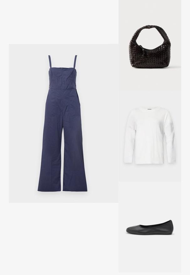 Mørkeblå jumpsuit med tynde stropper, tætsiddende bodice og brede bukser. Har en lynlås bagpå og en glat stofstruktur.; Hvid strikket sweater med rund halsudskæring, lange ærmer og ribbede detaljer. Har et subtilt tekstureret mønster over stoffet.; Sort læderballetsko med rund tå, glat tekstur, minimal syning og et fleksibelt såldesign.; Vævet læderhåndtaske i mørkebrun, rund form med et tykt flettet håndtag. Har lynlåslukning og diskret branding på siden.