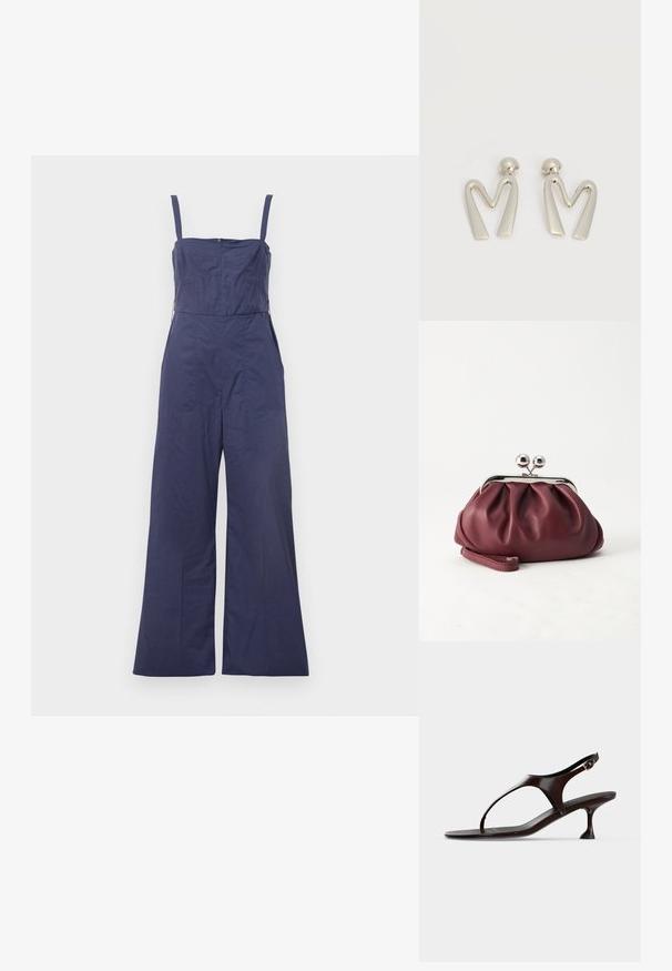 Combinaison bleu marine avec bretelles fines, corsage ajusté et pantalon large. Équipée d'une fermeture éclair au dos et d'une texture de tissu lisse.; Sandale slingback en cuir verni marron foncé avec petit talon et bride entre les orteils sur fond blanc.; Petit sac pochette en cuir bordeaux avec fermoir métallique argenté et bracelet sur fond blanc.; Paire de boucles d'oreilles en métal argenté en forme de lettre M angulaire avec des tiges arrondies sur fond blanc.