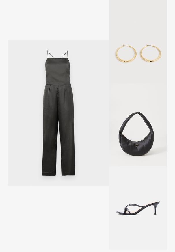 Bodysuit en satin noir avec de fines bretelles spaghetti, un corsage ajusté, une taille plissée et un pantalon à jambes larges. Texture lisse et design minimaliste.; Sandale à talon en cuir verni noir avec fines lanières croisées et talon aiguille moyen et élancé sur fond blanc.; Sac à main en satin noir avec une forme courbée, doté d'une fermeture à glissière et d'un logo triangulaire en métal à l'avant. Texture lisse et design épuré.; Paire de boucles d’oreilles créoles en or poli avec des tiges fines et des fermoirs à charnière, présentées sur un fond gris clair uni.
