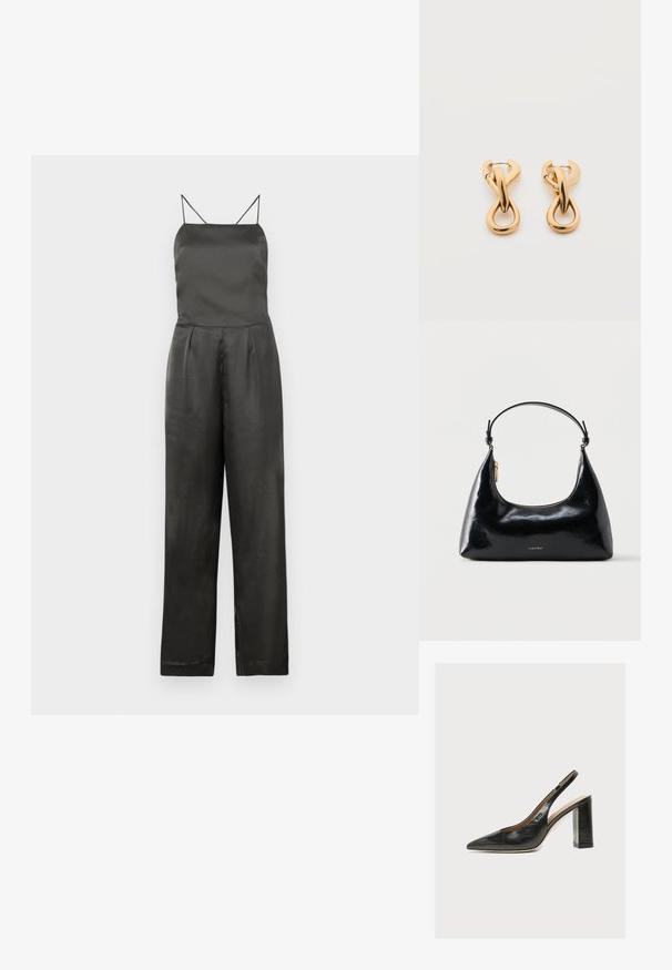 Bodysuit en satin noir avec de fines bretelles spaghetti, un corsage ajusté, une taille plissée et un pantalon à jambes larges. Texture lisse et design minimaliste.; Escarpin slingback en cuir noir pour femme avec bout pointu et talon bloc épais et haut sur fond blanc.; Sac à main Calvin Klein noir brillant avec fermeture éclair dorée et anse courte sur fond blanc uni.; Paire de boucles d'oreilles créoles en bouclettes dorées brillantes sur fond blanc uni, présentant un design torsadé entrelacé.