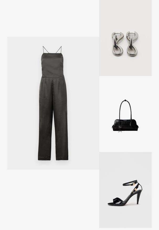 Bodysuit en satin noir avec de fines bretelles spaghetti, un corsage ajusté, une taille plissée et un pantalon à jambes larges. Texture lisse et design minimaliste.; Sandale à talon haut en cuir verni noir avec double bride de cheville et boucles dorées, bout ouvert, et talon effilé sur fond neutre.; Sac à épaule en cuir noir à texture crocodile, avec de longues sangles et un petit charm logo argenté sur une sangle.; Paire de boucles d'oreilles en métal argenté avec un motif abstrait d'anneaux entrelacés sur fond blanc.
