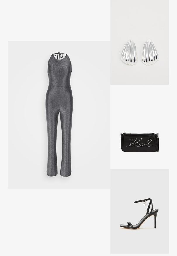 Kuldne hõbedane jumpsuit, millel on kaelusekinnitus, kehaõige ja laienevad sääred. Tagaküljel on nööbi sulgemine, valmistatud venivast kangast.; Mustad kõrge kontsaga sandaal kitsaste pahkluu rihmadega, kandilise varbaosaga, siledast nahast ning metallist pandla aktsendiga.; Must cemendi nahk käekott lukuga. Ees on kaunistatud hõbedaste nupudega, mis moodustavad kursi teksti kujunduse. Kaasa tuleb crossbody rihm.; Paari läikivad hõbedased, ribaga kestakujulised kõrvarõngad lihtsal valgel taustal, näidates peegeldavaid ja siledaid pindu.