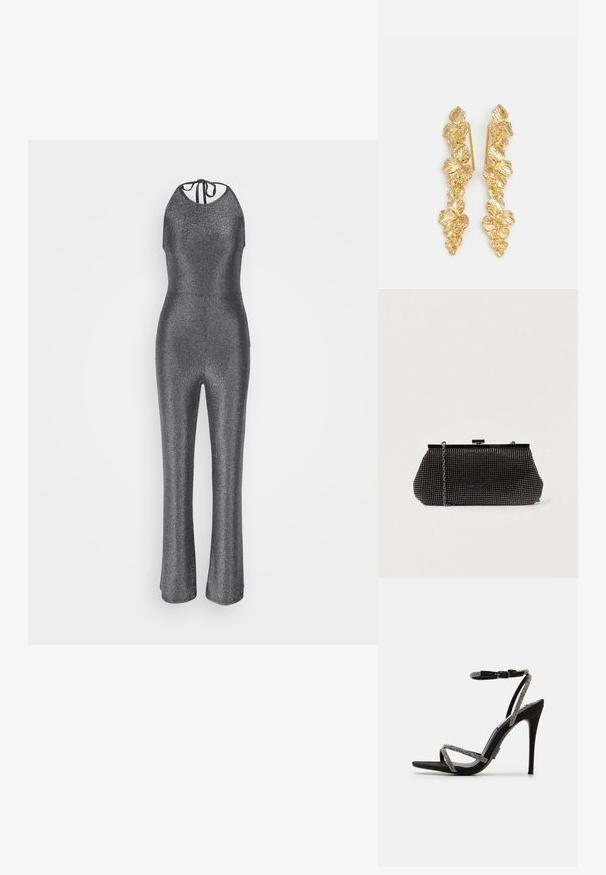 Kuldne hõbedane jumpsuit, millel on kaelusekinnitus, kehaõige ja laienevad sääred. Tagaküljel on nööbi sulgemine, valmistatud venivast kangast.; Must mustaga kõrgete kontsadega sandaalid, millel on õhukesed, kaunistatud rihmad ja pahkluu pandla. Nubukmaterjal, avatud varvastega ja stiilne, terav siluett.; Musthave musta võrkkott, millel on struktureeritud siluett, kaunistatud väikeste metallist nupukestega, kus on klapiga sulgemine ja eemaldatav kett. ; Kuldseid, mis on kujundatud kaskaadsete lehtedena, sisaldades detailseid lehemustreid ja läikivat metallist viimistlust. Kerged ja delikaatse struktuuriga.