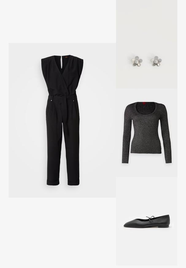 Sort ærmeløs jumpsuit med en indviklet design, bælte i taljen, lige ben og V-udskæring. Har en nøglehul-rygåbning og sidelommer.; Sort langærmet ribbestrikket sweater med bred udskæring. Funklende tekstur, lavet af et let materiale. Etikette synlig ved halsen.; ALOHAS SWAY - Ballerinasko - black; Par små sølv ørestikker formet som blomster med fem afrundede blade på en hvid baggrund.