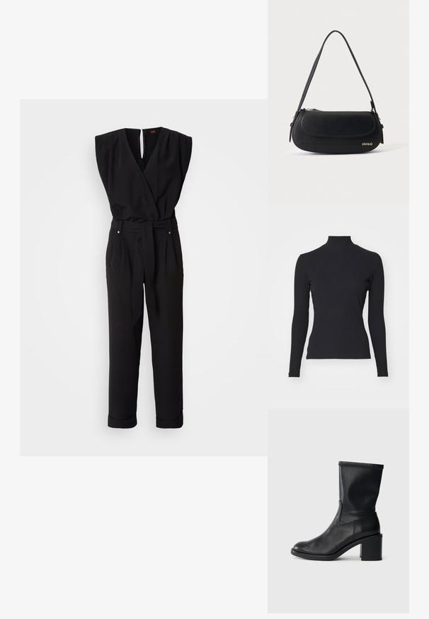 Sort ærmeløs jumpsuit med en indviklet design, bælte i taljen, lige ben og V-udskæring. Har en nøglehul-rygåbning og sidelommer.; Sort ribbet turtle-sweater med lange ærmer. Lavet af strækbart stof med en tætsiddende pasform og høj krave. Enkel design uden udsmykninger.; Sort læder ankelstøvle med rund tå, glat tekstur og en grov hæl, der har et tætsiddende skaft og subtil syning.; Sort skuldertaske i læder med buet klap, guld "HUGO" logo på forsiden og enkelt justerbar strop.