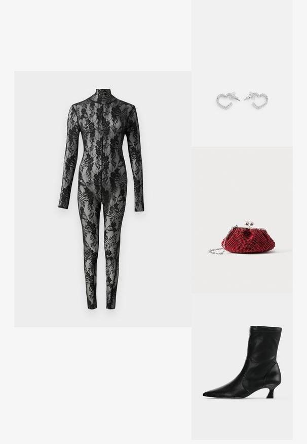 Sort blonde bodysuit med lange ærmer, høj krave og blomstermønster, der dækker hele overfladen. Tæt siddende design med gennemsigtig tekstur.; Sort læderstøvle til midt på læggen med spids tå og lav kittenhæl, vist fra siden på en ensartet lys baggrund.; Lille rød perlebesat clutch med sølvspænde og kæderem på en ensartet hvid baggrund.; Hjerteformede øreringe lavet af sølvfarvet metal, med en række klare rektangulære rhinsten langs kanterne.