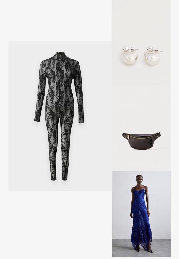Sort blonde bodysuit med lange ærmer, høj krave og blomstermønster, der dækker hele overfladen. Tæt siddende design med gennemsigtig tekstur.; Blå og lilla dyreprint maxi kjole med tynde stropper, en tætsiddende bodice, flagrende kant og gennemsigtig overlay-detaljering.; Sort, blank, læder bæltetaske med et buet design, guld lynlås accent, justerbar strop og små dekorative hardware.; Par af skinnende sølv store øreringe med lukning på bagsiden mod en ensfarvet hvid baggrund.