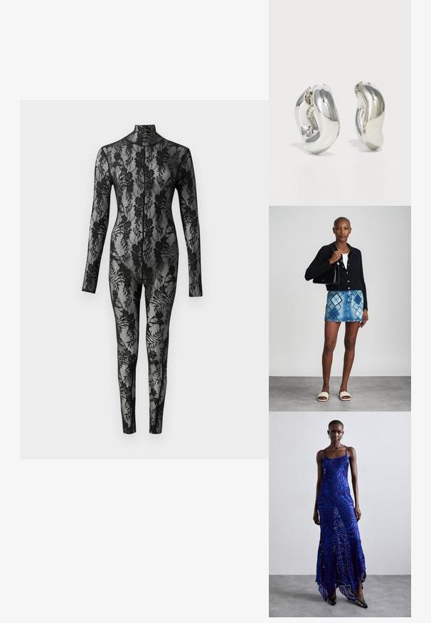Sort blonde bodysuit med lange ærmer, høj krave og blomstermønster, der dækker hele overfladen. Tæt siddende design med gennemsigtig tekstur.; Blå og lilla dyreprint maxi kjole med tynde stropper, en tætsiddende bodice, flagrende kant og gennemsigtig overlay-detaljering.; Sort striktrøje, hvid top, denimnederdel med blå og sort diamantmønster, sort håndtaske og beige slidesandaler.; Sølvskulpturelle øreringe med glatte, buede former og reflekterende overflader. Har et lukket hoop-design og en markant organisk form.