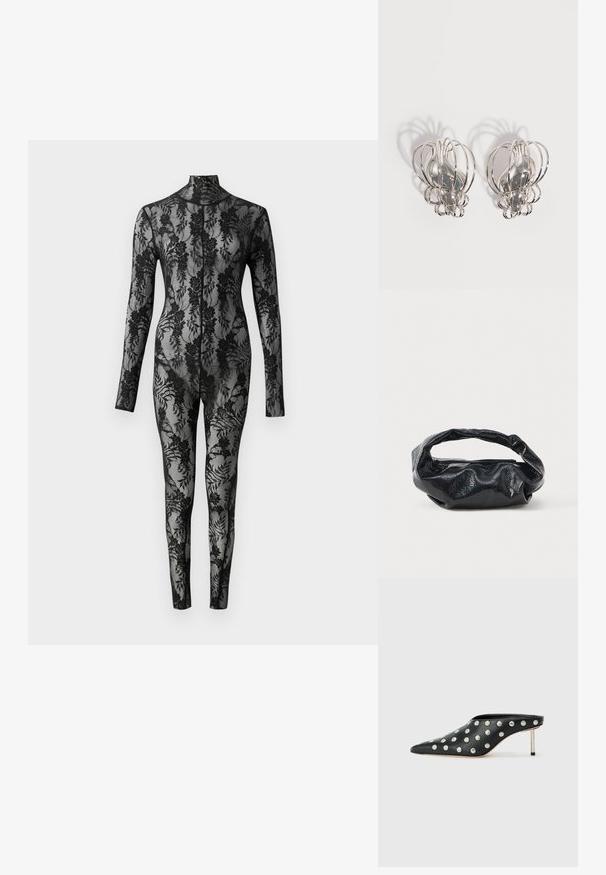 Zwart kanten bodysuit met lange mouwen, hoge kraag en een bloemmotief dat het hele oppervlak bedekt. Strak aansluitend ontwerp met doorzichtige textuur.; STAND STUDIO KELSEY - Muiltjes met hak - black; Zwarte tas van glanzend, textuur materiaal met een ronde, gedraaide handgreep en een ritsluiting. Heeft een zacht, gekreukt ontwerp.; Een paar zilveren metalen oorbellen met een open draadkooi-ontwerp en gladde centrale ovale vormen die gebogen schaduwen werpen op een witte achtergrond.
