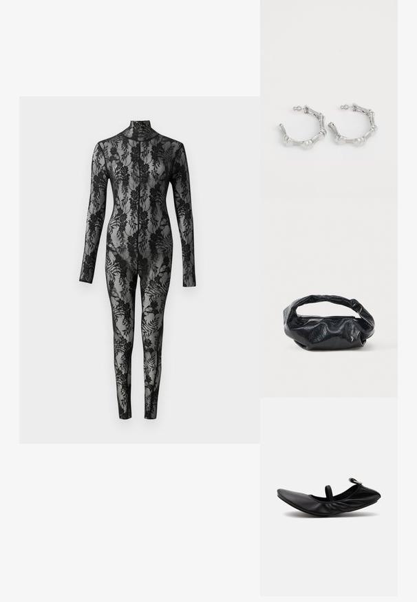 Sort blonde bodysuit med lange ærmer, høj krave og blomstermønster, der dækker hele overfladen. Tæt siddende design med gennemsigtig tekstur.; Sort foldet læder balletsko med en enkelt rem og sølvspænde på en ensartet lys baggrund.; Sort taske lavet af blankt, tekstureret materiale med et cirkulært, snoet håndtag og lynlås. Har et blødt, rynket design.; Sølv hoops øreringe med en struktureret, klumpet design. Fremstillet af metal, med en sikker stiftlås og en poleret overflade.