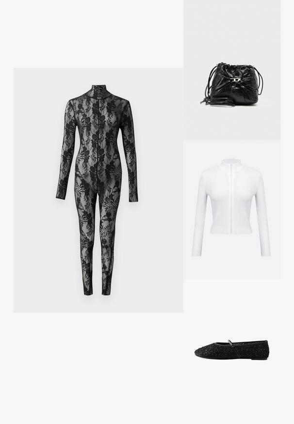 Bodysuit negro de encaje con mangas largar, cuello alto y un patrón floral que cubre toda la superficie. Diseño ajustado con textura transparente.; Top blanco de canalé con cremallera, mangas largas y cuello alto. Cuenta con una cremallera central y un diseño ajustado, mostrando un material texturizado.; Zapato plano de ballet negro con punta redonda, decorado con pequeñas lentejuelas y una fina correa ajustable sobre el empeine.; Bolsa con cordón de cuero negro con diseño fruncido, detalles de herrajes plateados y correas ajustables. Acabado texturizado que añade profundidad.