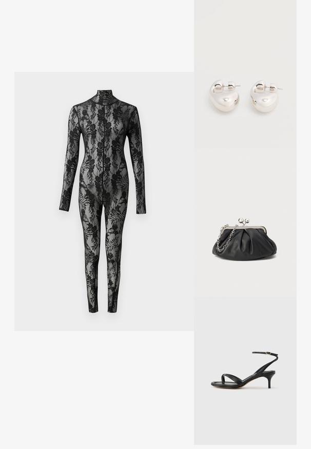 Zwart kanten bodysuit met lange mouwen, hoge kraag en een bloemmotief dat het hele oppervlak bedekt. Strak aansluitend ontwerp met doorzichtige textuur.; Zwarte leren dames sandaal met dunne bandjes, een teengreep, een enkelgesp en een stilettohak van gemiddelde hoogte op een neutrale achtergrond.; Zwarte leren clutch met geplooide textuur, zilverkleurig metalen frame, drukknopsluiting en kettingriem. Glad, zacht oppervlak.; Een paar glanzende zilveren dikke creolen met post-sluitingen op een effen witte achtergrond.