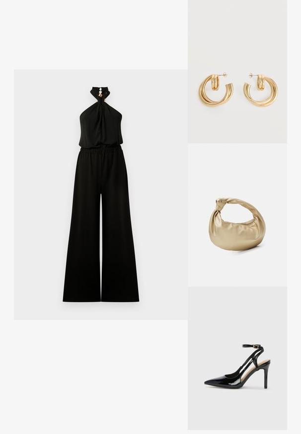 Combinaison noire sans manches à col halter, jambes larges et taille élastique froncée, avec détail de fermoir doré au niveau de l'encolure.; Escarpin en cuir verni noir à talon haut, avec un bout pointu, une bride réglable à la cheville et des côtés ouverts. Texture lisse.; Sac à main en métal doré avec une texture lisse et brillante. Il possède une anse nouée et une forme arrondie et douce. Fermeture zippée sur le dessus.; Paire de boucles d'oreilles créoles doubles en or brillant avec attaches à tige sur fond blanc.
