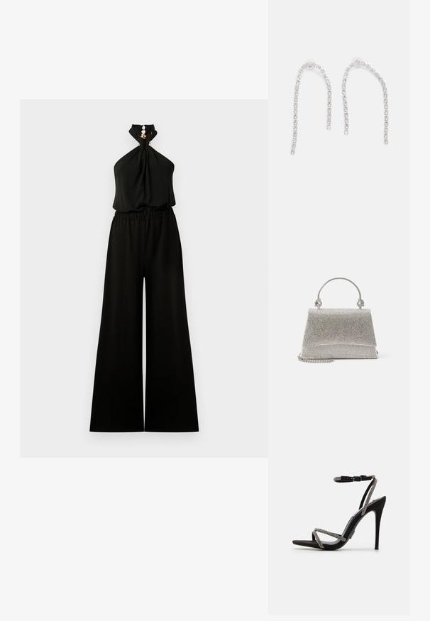 Combinaison noire sans manches à col halter, jambes larges et taille élastique froncée, avec détail de fermoir doré au niveau de l'encolure.; Sandale noire à talons hauts avec des fines lanières ornées de bijoux et une boucle au niveau de la cheville. Matériau en daim, bout ouvert et silhouette fine et pointue.; ALDO FELISIA - Sac à main - silver-coloured; Boucles d'oreilles en argent avec des chaînes pendantes, présentant plusieurs pierres précieuses claires disposées en motif linéaire, offrant un effet scintillant.
