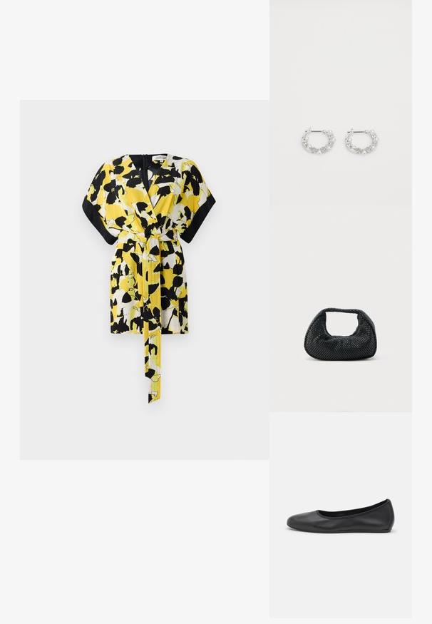 Robe portefeuille florale jaune et noire avec des manches courtes, une ceinture et un col en V. Présente un motif audacieux et une texture lisse.; Ballerines en cuir noir avec un bout rond, texture lisse, détails de couture minimalistes et design de semelle flexible.; Sac hobo tissé noir avec une structure souple et une poignée intégrée, présenté sur un fond clair uni.; Boucles d'oreilles en argent en forme de créoles avec des accents de perles et de cristaux, présentant une surface texturée et une fermeture à tige sécurisée.