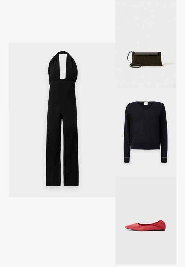Sort halterneck jumpsuit med en dyb udskæring, samlet bodice og bredbenet design. Stoffet har en glat tekstur og ensartet farve.; Sort V-hals trøje med lange ærmer, ribbede manchetter med flerfarvede accenter og en lige kant. Blød, glat tekstur.; Filippa K REY FLATS - Ballerinasko - bright red; Mørkebrunt ruskinds clutch-task med en glat sort lukning og en tynd rem. Firkantet form med et slankt, minimalistisk design.