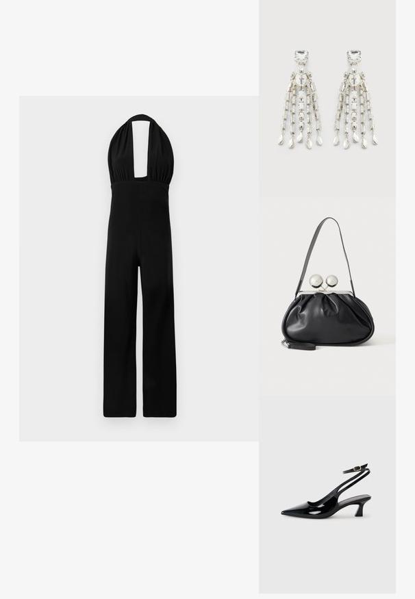 Zwarte halter jumpsuit met een diepe halslijn, geplooide bodice en een wijde broekspijp. De stof heeft een gladde textuur en een consistente kleur.; Zwarte gepatineerde leren slingback hakken met een puntige neus, lage blokhak en een verstelbare enkelband met een gouden gespsluiting.; Zwarte leren handtas met een geplooid ontwerp, een enkele schouderband, zilverkleurige metalen omlijsting en twee grote ronde zilveren sluitingen.; Zilverkleurige chandelier oorknopjes met vierkante studs, ronde parels en hangende kettingstrengen die eindigen in druppelvormige bedels.