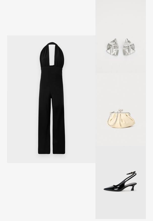 Zwarte halter jumpsuit met een diepe halslijn, geplooide bodice en een wijde broekspijp. De stof heeft een gladde textuur en een consistente kleur.; Zwarte gepatineerde leren slingback hakken met een puntige neus, lage blokhak en een verstelbare enkelband met een gouden gespsluiting.; Geplooide beige leren clutch met een zilveren metalen frame, voorzien van twee ronde decoratieve sluitingen en een zilveren kettingriem.; Zilveren metalen oorbellen met een golvend, sculpturaal ontwerp, voorzien van een gepolijste afwerking en onregelmatige vormen, die een hedendaagse esthetiek benadrukken.