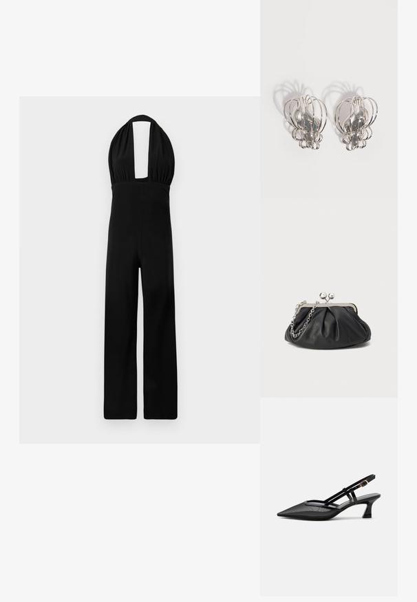 Zwarte halter jumpsuit met een diepe halslijn, geplooide bodice en een wijde broekspijp. De stof heeft een gladde textuur en een consistente kleur.; Zwarte slingbackschoen met puntige neus, mesh bovenwerk, dunne bandjes, gouden gesp en lage gebogen hak op witte achtergrond.; Zwarte leren clutch met geplooide textuur, zilverkleurig metalen frame, drukknopsluiting en kettingriem. Glad, zacht oppervlak.; Een paar zilveren metalen oorbellen met een open draadkooi-ontwerp en gladde centrale ovale vormen die gebogen schaduwen werpen op een witte achtergrond.