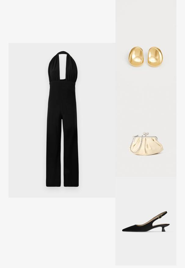 Combinaison noire à encolure dégagée avec un décolleté profond, un buste froncé et une coupe large. Le tissu a une texture lisse et une couleur uniforme.; Chaussure slingback noire à bout pointu, petit talon kitten et bride à boucle dorée, présentée de profil sur fond uni clair.; Pochette en cuir beige plissé avec un cadre en métal argenté, dotée de deux fermoirs ronds décoratifs et d'une chaîne en argent.; Boucles d'oreilles en forme de clou de couleur or, avec une forme lisse et arrondie et une surface réfléchissante, mettant en avant un design minimaliste sans motifs visibles.