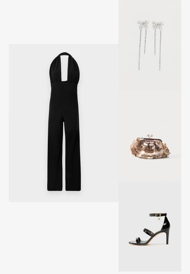 Zwarte halter jumpsuit met een diepe halslijn, geplooide bodice en een wijde broekspijp. De stof heeft een gladde textuur en een consistente kleur.; Zwarte gepatineerde leren sandaal met drie banden, enkelgesp en 10 cm hoge stiletto hak. Bevat gouden hardwaredetails en een logo charm.; Kleine beige clutch tas bedekt met grote glanzende pailletten met een zilveren bolklem bovenaan tegen een effen achtergrond.; Lange zilveren oorbellen met een cluster strasstenen aan de bovenzijde en daaronder hangende slierten van kleinere strasstenen.