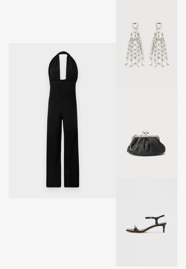 Mustor halterjumpsuit, mille sügava dekoltee, kogutud kehaosa ja laia jala disainiga. Kanga tekstuur on sile ja värv ühtlane.; Mustast nahast kontsaga sandaal pahklipaelaga, avatud varbaga, ruudukujulise esiosa ja hõbedase riistvaralist rõhutusega. Lõigatud disain ja sujuv profiil.; Musthave musta nahast käekott, millel on volditud tekstuur, hõbedane metallraam, lukustatud sulgemismehhanism ja kett. Sile ja pehme pind.; Hõbedatooni ripatsiga kõrvaklipsid ruudukujuliste studide, ringikujuliste pärlite ja tilgakujuliste ripatsitega ahelate küljes.