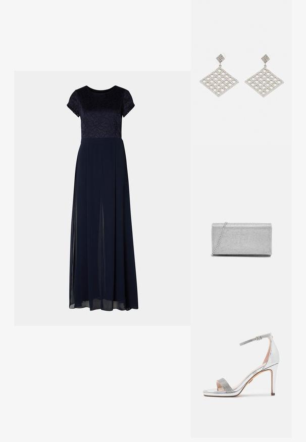 Robes de soirée bleu marine avec de courtes manches en dentelle, un corsage ajusté et une jupe fluide avec des fentes latérales et un léger voile transparent.; Sandale à talons hauts en argent avec un dessus en vernis brillant, une sangle en strass texturée, une sangle de cheville ajustable et un design à bout ouvert carré.; Pochette en métal argenté avec un design en maillage tissé, de forme rectangulaire, et une chaîne pour le transport. Texture lisse et finition polie.; ALDO TAYNY - Boucles d'oreilles - silver-coloured/clear
