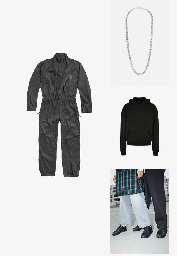 Combinaison noire à manches longues avec fermeture éclair frontale, taille et poignets élastiques, plusieurs poches zippées et col montant avec bouton-pression.; Sweatshirt à capuche noir fabriqué en tissu doux, avec une poche avant, des poignets côtelés et une coupe décontractée.; Baskets de sport noires avec des accents en mesh et en caoutchouc. Portées avec un jean large gris clair et un haut à carreaux vert. Fond à surface plane.; Collier en chaîne en métal argenté avec des maillons entrelacés, une texture lisse et un fermoir réglable pour personnaliser la longueur.